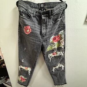 BDG Black Distressed Ankle Jeans with Red Rose Patches